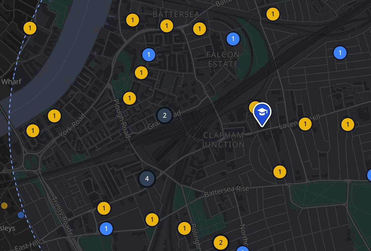 The map around a postcode: a pin, a ring one mile wide, and a numbered marker for each school and nursery inside it.