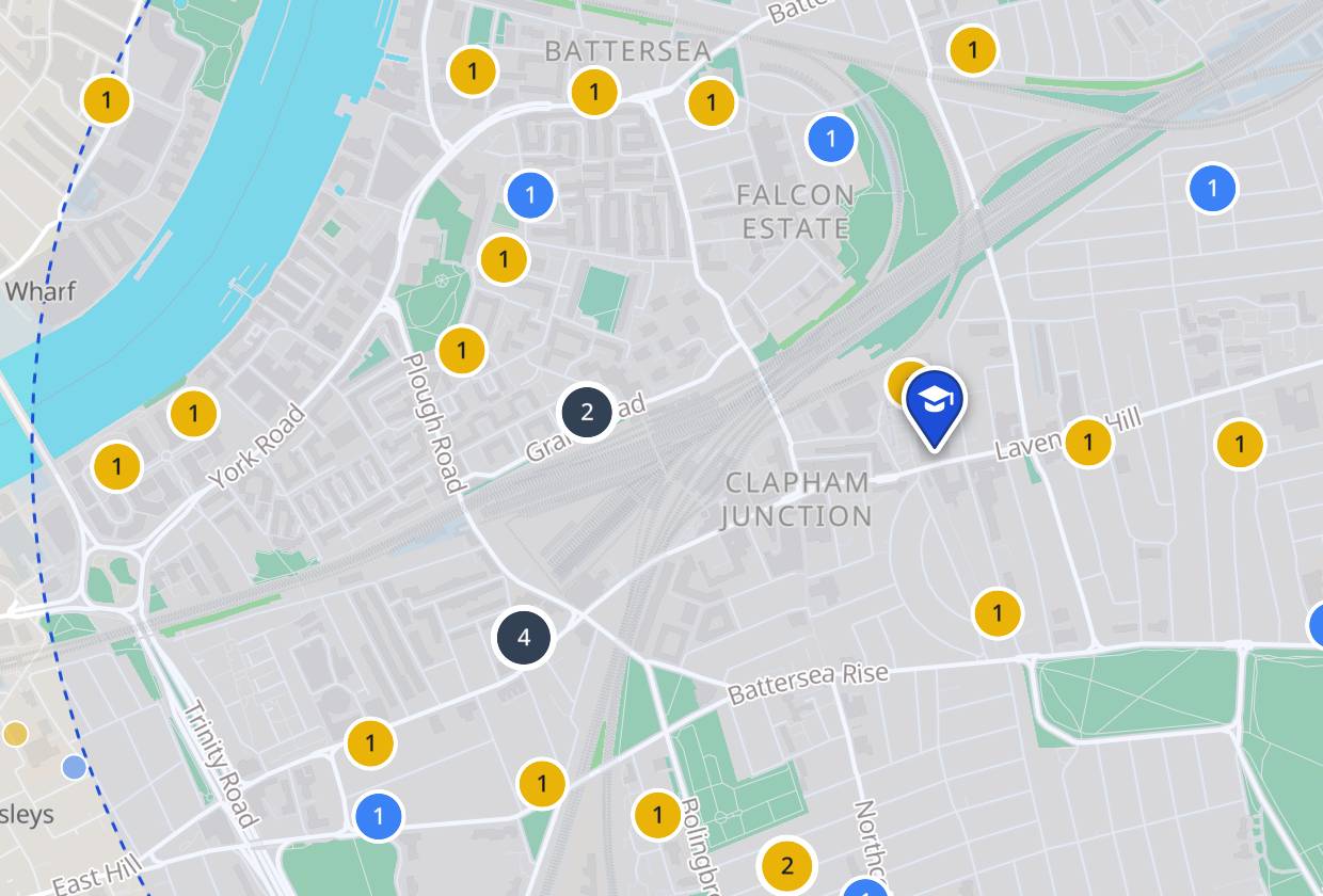The map around a postcode: a pin, a ring one mile wide, and a numbered marker for each school and nursery inside it.
